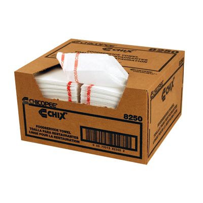 Chicopee 8250 Reusable Food Service Towels, 13.5" x 24", White / Red Stripe - 150 / Case