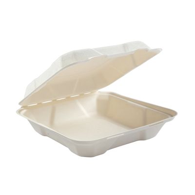 AmerCareRoyal HL-81 Primeware Medium Hinged Lid Carryout Containers, Molded Fiber, 7.875" x 8" x 2.5", White / Natural - 200 / Case