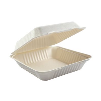 AmerCareRoyal HL-91-NPFA Primeware Large Hinged Lid Carryout Containers, Molded Fiber, 9" x 9" x 3.19", White / Natural - 200 / Case