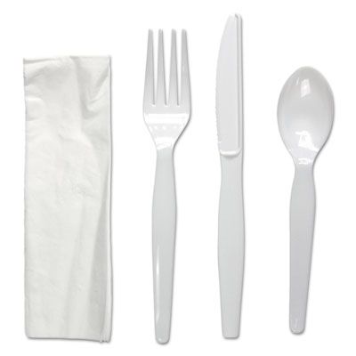 Boardwalk FKTNHWPSWH Wrapped Cutlery Kit, Heavyweight White Plastic Fork, Knife, Teaspoon, Paper Napkin - 250 / Case