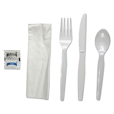 Boardwalk FKTNSHWPSWH Wrapped Cutlery Kit, White Heavyweight Plastic Fork, Knife, Spoon, Napkin, Salt, Pepper - 250 / Case