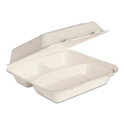 Solo HC9CSC-2050 Bare Eco-Forward Bagasse Hinged Lid Takeout Containers, 3 Compartment, 9.6" x 9.4" x 3.2", Ivory - 200 / Case