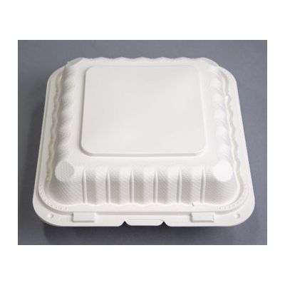 Ecopax PP993S Large Plastic Hinged Lid Carryout Container, Polypropylene, 9.1" x 8.8" x 3", White - 150 / Case