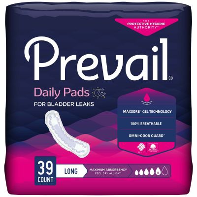 Prevail Daily Pads for Bladder Leaks, Long, Maximum - 39 / Case