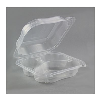 Genpak CLX243-CL Clover Medium Hinged Lid Plastic Carryout Container, 3 Compartment, 7.5" x 7.5" x 2.88", Clear - 150 / Case