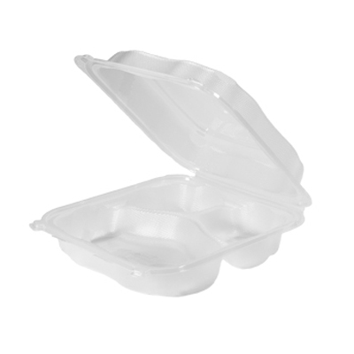 Genpak CLX399-CL Clover Hinged Lid Carryout Container, 3 Compartments, Polypropylene, 9.23" x 9.65" x 2.88", Clear - 150 / Case