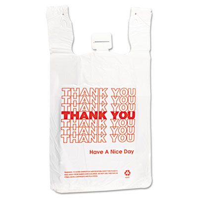 Inteplast THW2VAL 'Thank You' HDPE Plastic T-Shirt Bags, 14 Microns, 12" x 23" x 7", White - 500 / Case