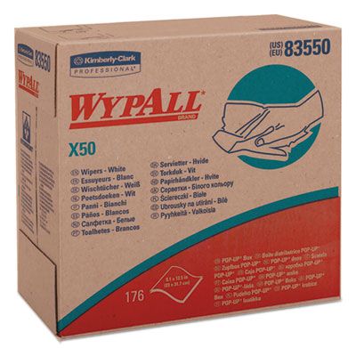 Kimberly-Clark 83550 WypAll X50 Wiper Cloths, 176 / Pop-Up Box, 9.1" x 12.5", White - 1760 / Case