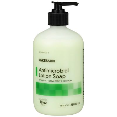 McKesson 53-28087-18 Antimicrobial Lotion Soap, Herbal Scent, 18 oz Pump Bottle - 12 / Case