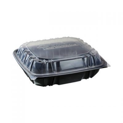 Pactiv DC109100B000 EarthChoice Hinged Lid Takeout Container, Vented, Microwavable, 10.5" x 9.5" x 3.1", Black / Clear - 132 / Case