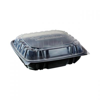 Pactiv DC109310B000 EarthChoice Hinged Lid Plastic Food Containers, 3 Compartment, Vented, Microwavable, 10.5" x 9.5" x 3.1", Black / Clear - 132 / Case