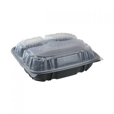 Pactiv DC109330B000 EarthChoice Hinged Lid Takeout Container, 3 Compartment, Vented, Microwavable, 10.5" x 9.5" x 3", Black / Clear - 132 / Case