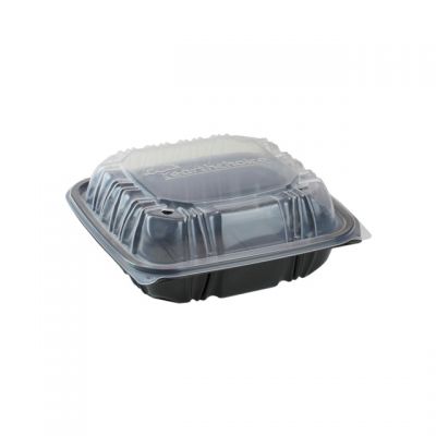 Pactiv DC757100B000 EarthChoice Hinged Lid Takeout Container, Vented, Microwavable, 7.5" x 7.5" x 3.1", Black / Clear - 150 / Case
