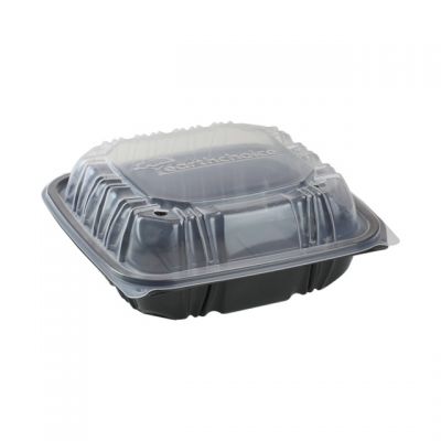 Pactiv DC858100B000 EarthChoice Hinged Lid Takeout Container, Vented, Microwavable, 8.5" x 8.5" x 3.1", Black / Clear - 150 / Case