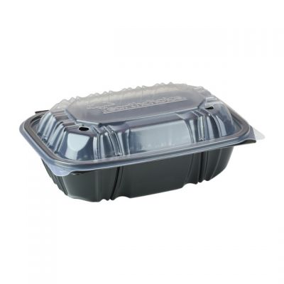 Pactiv DC961000B000 EarthChoice Hinged Lid Takeout Container, Vented, Microwavable, 9" x 6" x 3.1", Black / Clear - 140 / Case