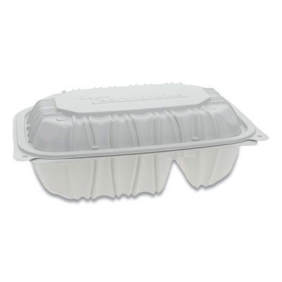 Pactiv YCNW02052 EarthChoice Hinged Lid Plastic Food Containers, 2 Compartment, Vented, Microwavable, 9" x 6" x 3.1", White - 170 / Case