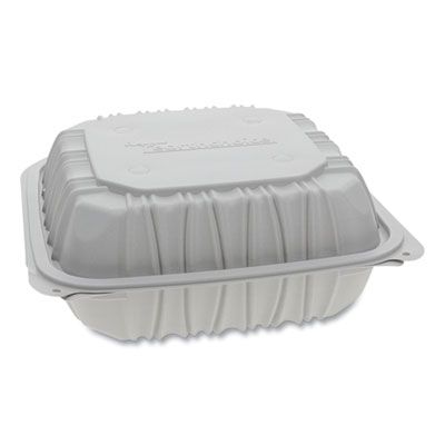 Pactiv YCNW0851 EarthChoice Hinged Lid Plastic Food Containers, Vented, Microwavable, 8.5" x 8.5" x 3.1", White - 146 / Case