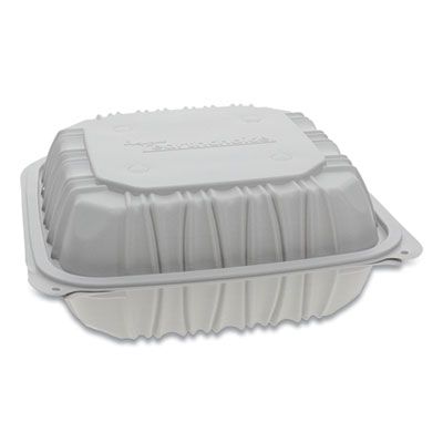 Pactiv YCNW0853 EarthChoice Hinged Lid Plastic Food Containers, 3 Compartment, Vented, Microwavable, 8.5" x 8.5" x 3.1", White - 146 / Case