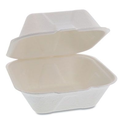 Pactiv YMCH00800001 EarthChoice Bagasse Hinged Lid Sandwich Containers, 5.8" x 5.8" x 3.3", Natural - 500 / Case