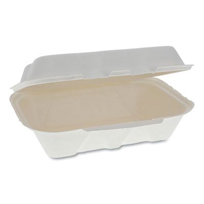 Pactiv YMCH00890001 EarthChoice Bagasse Hinged Lid Takeout Container, 9.1" x 6.1" x 3.3", Natural - 150 / Case