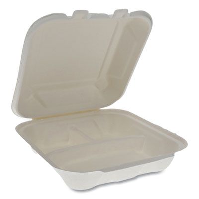 Pactiv YMCH08030001 EarthChoice Bagasse Hinged Lid Takeout Container, 3 Compartment, 7.8" x 7.8" x 2.8", Natural - 150 / Case