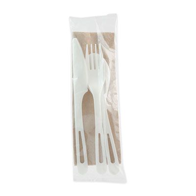 World Centric ASPSTN TPLA Compostable Cutlery Kit with Knife, Fork, Spoon & Napkin, White - 250 / Case